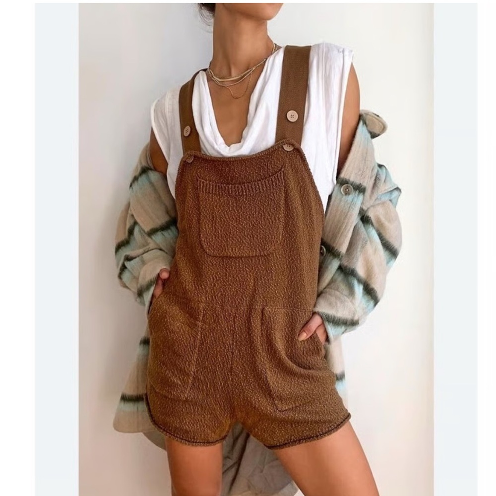 Free People Beach Brown Knit Shortalls